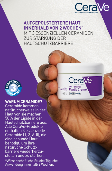 CeraVe Peptid Creme Dose und Text: Aufgepolsterte Haut in 2 Wochen. 3 essenzielle Ceramide. Warum Ceramide?